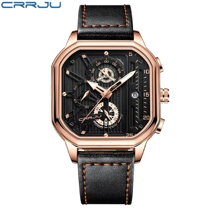 Square Design Big Dial Business Casual Men'S Watches Genuine Leather Waterproof Quartz Wristwatch for Men Sport Military Hour