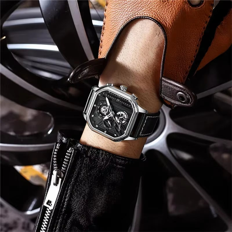 Square Design Big Dial Business Casual Men'S Watches Genuine Leather Waterproof Quartz Wristwatch for Men Sport Military Hour